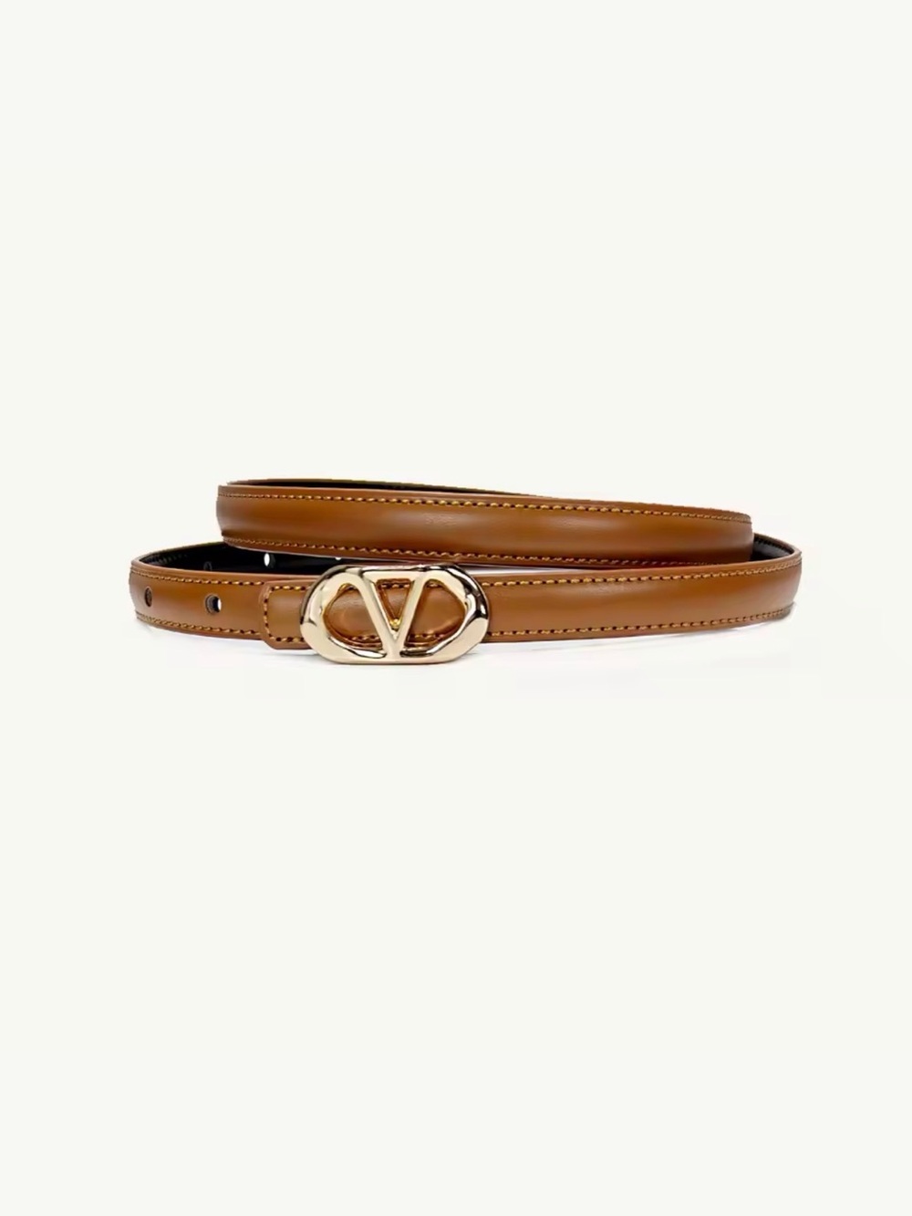 V Tan Brown PU Leather V-Logo Belt